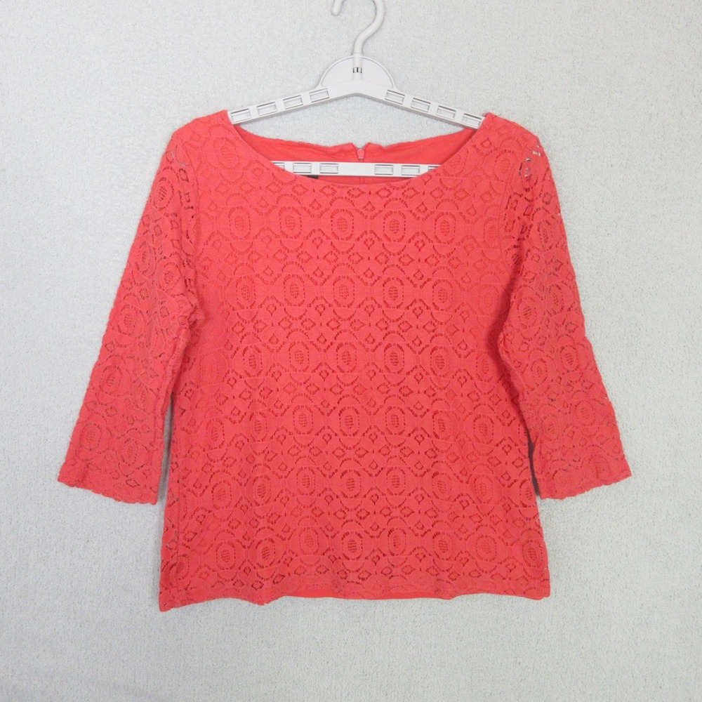 Talbots Lace Top Women Medium Coral Orange 3/4 Sleeve Boat Neck Back Zip Blouse